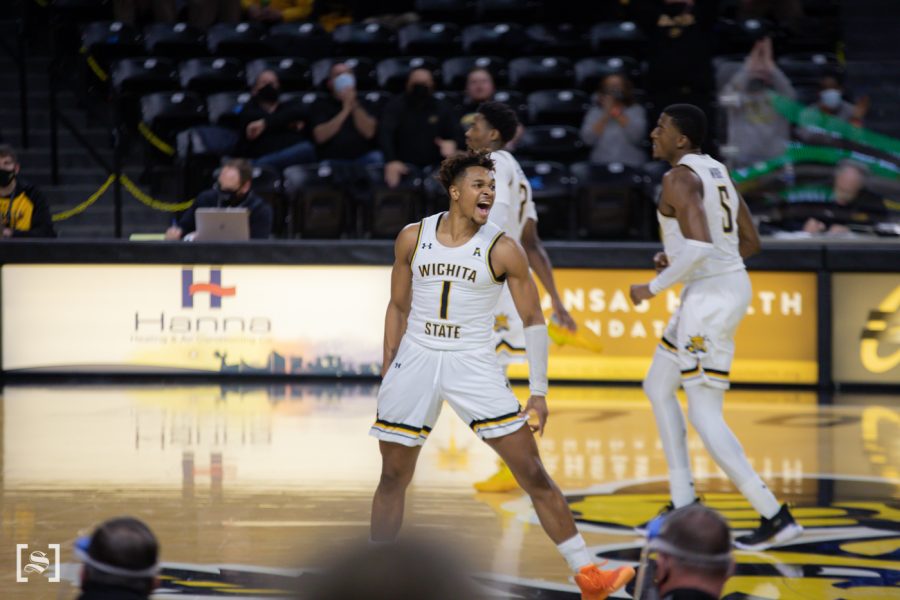 Wichita+State+sophomore+Tyson+Etienne+celebrates+after+hitting+a+3-pointer+during+the+game+against+Houston+at+Charles+Koch+Arena+on+Feb.+18.