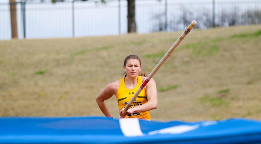 Wichita+State+junior%2C+Margaux+Thompson+takes+off+during+a+pole+vault+event+at+a+track+meet+at+Cessna+Stadium+on+March+27.