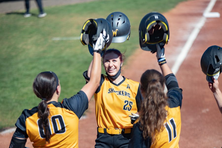Wichita State sophomore Sydney McKinney celebrates after hitting a home-run  during the game against ECU at Wilkins Stadium on Mar. 28, 2021.