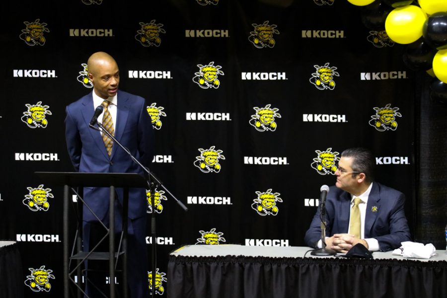 Isaac Brown speaks to the press during the inauguration of WSU men's basketball coach at Koch Arena on March 1.