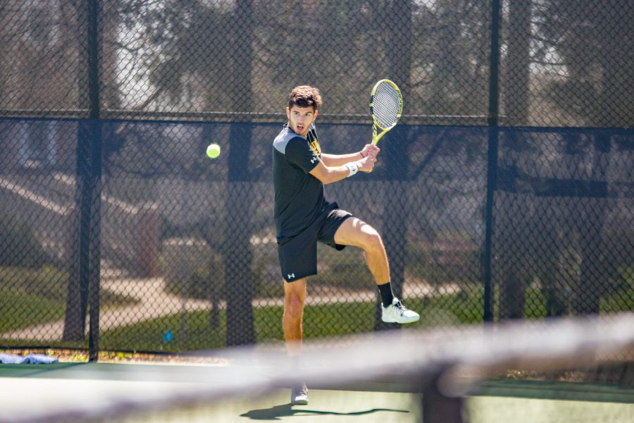 Wichita State Freshman Luka Mrsic gets ready to retrun the ball during the game against the SMU Mustangs at the Coleman Tennis Complex on April 2, 2021.