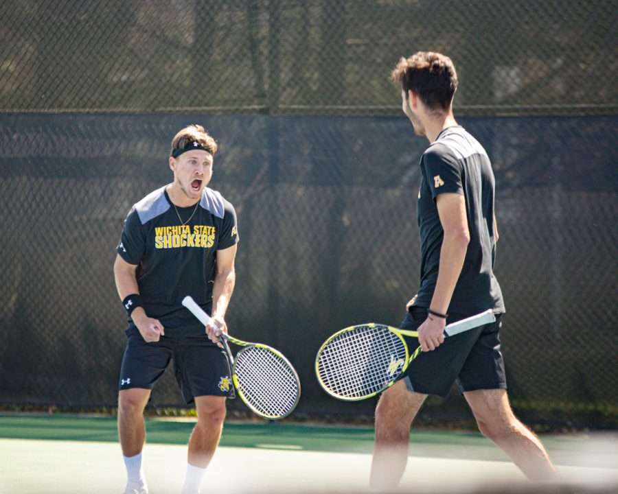 Wichita State Redshirt Sophomore Orel Ovil and Wichita State  Freshman Luka Mrsic celebrate during the game against the SMU Mustangs at the Coleman Tennis Complex on April 2, 2021.
