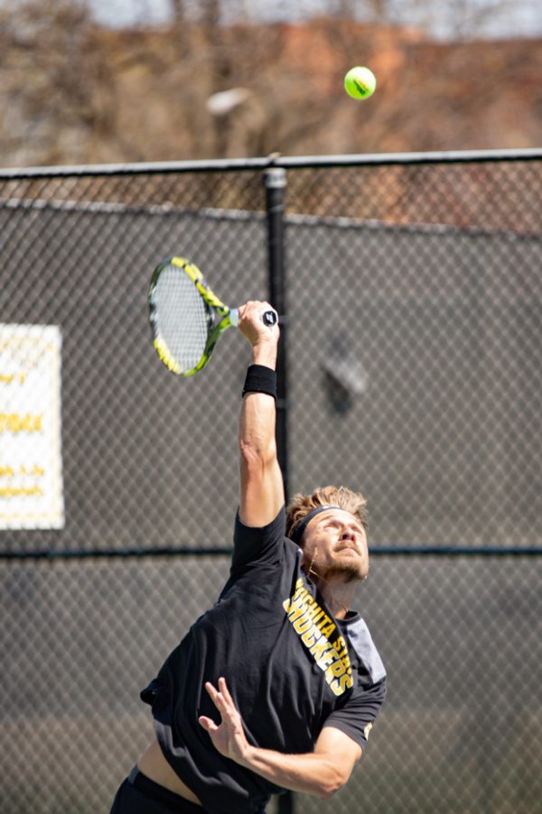 Wichita State Redshirt Sophomore Orel Ovil returns the ball during the game against the SMU Mustangs at the Coleman Tennis Complex on April 2, 2021.