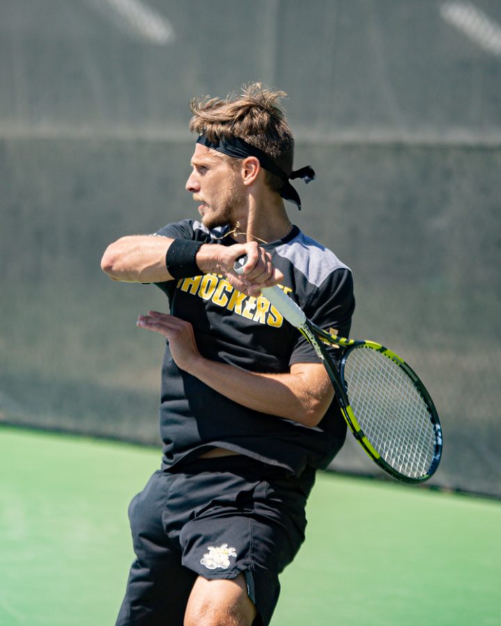 Wichita State Redshirt Sophomore Orel Ovil returns the ball during the game against the SMU Mustangs at the Coleman Tennis Complex on April 2, 2021.