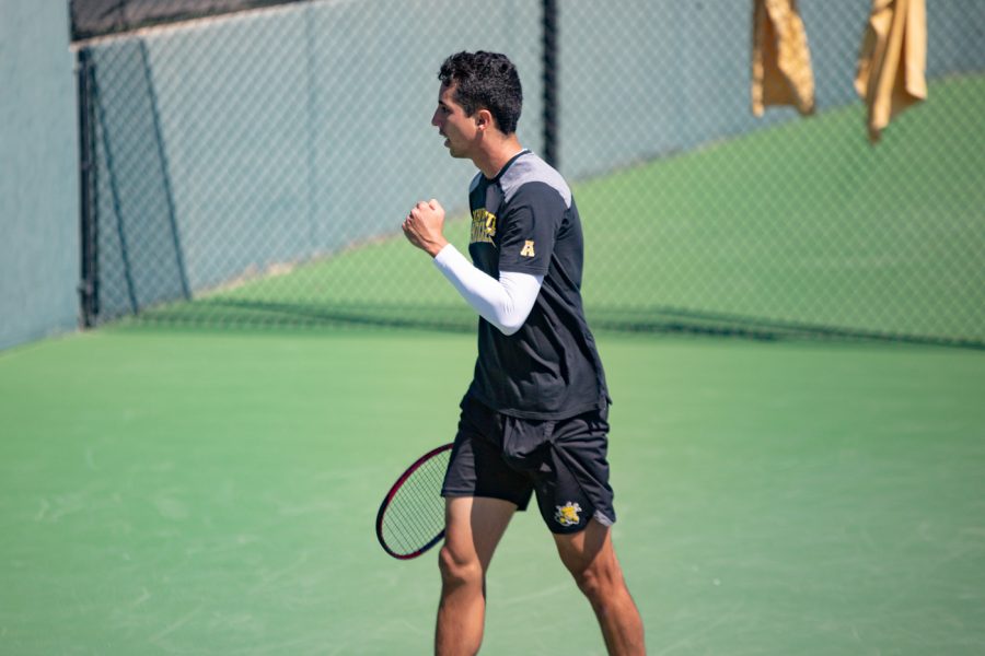 Wichita State Redshirt Senior Murkel Dellien celebrates during the game against the SMU Mustangs at the Coleman Tennis Complex on April 2, 2021.