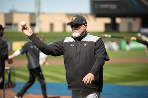 Head coach Eric Wedge throw a pitch during the Shockers practice on April 8, 2021 at Riverfront Stadium.