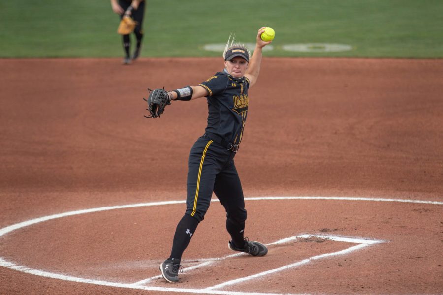 Wichita+State+senior+Bailey+Lange+pitches+during+the+game+against+Oklahoma+State+at+Wilkins+Stadium+on+April+27%2C+2021.