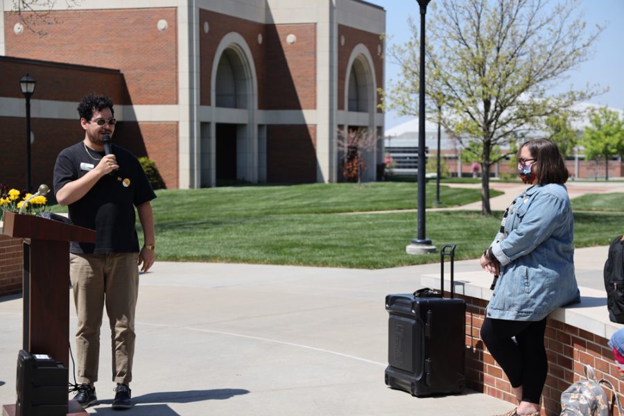 Armando Minjares Coordinator of Student Diversity Program at Wichita State is speaking at the launch of Belonging Plaza on April 24, 2021 east of Wiedemann Hall.