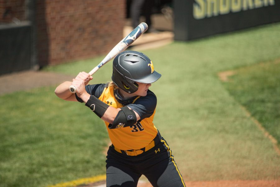 Wichita State freshman Addison Barnard gets ready to swing during the game against South Florida at Wilkins Stadium on April 25.