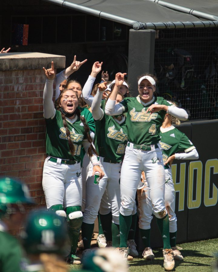 USF bench celebrates a home-run during the game against Wichita State at Wilkins Stadium on April 25.