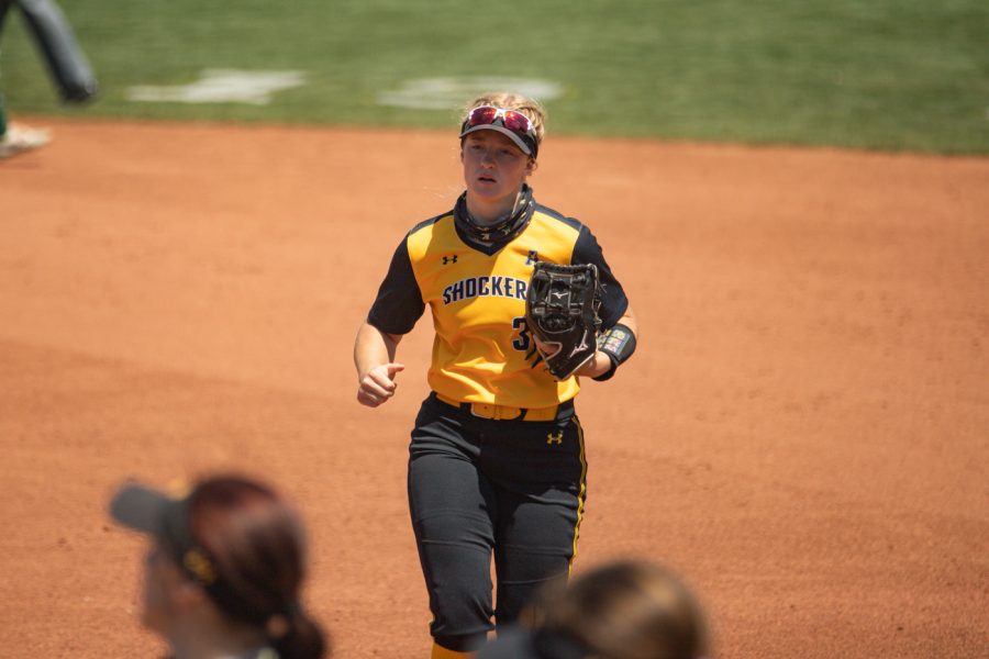 Wichita+State+freshman+Addison+Barnard+jogs+to+the+dugout+during+the+game+against+South+Florida+at+Wilkins+Stadium+on+April+25.