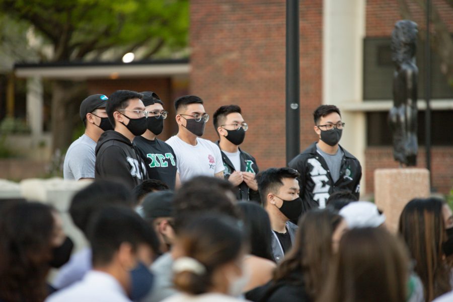 Members of Chi Sigma Tau fraternity during the #StopAsianHate vigil on April 30.
