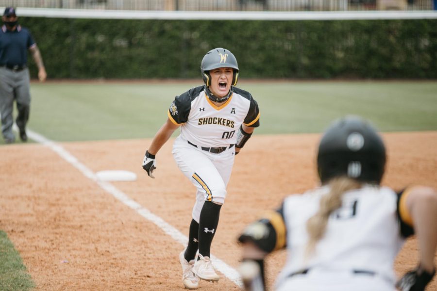 Wichita+State+senior+Madison+Perrigan+runs+home+during+the+game+against+UCF+on+May+15.