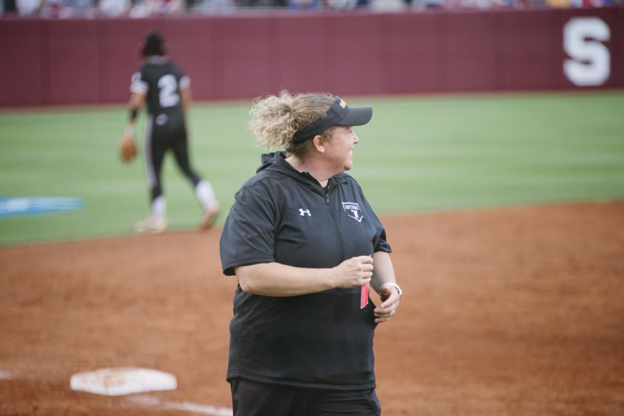 Head coach Bredbenner smiles during the game against Texas A&M on May 21.