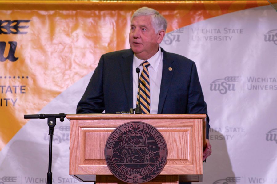 The Chair of Kansas Board of Regents Bill Feuerborn announces the next president of Wichita State at Beggs Ballroom on May 6.