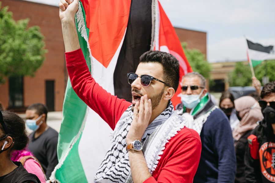 The Wichita Community gathers to protest Palestininan rights in Old Town Plaza on May 15.