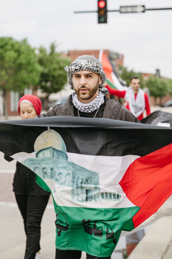 The Wichita Community gathers to protest Palestininan rights in Old Town Plaza on May 15.