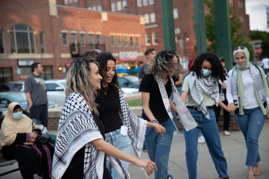 The Wichita community gathers to protest for Palestinian rights in Old Town Square on May 21, 2021. 