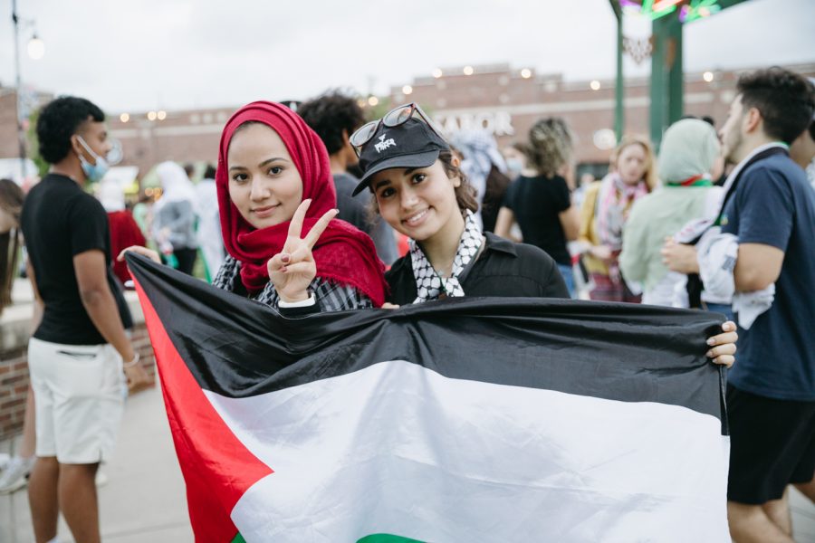 The Wichita community gathers to protest for Palestinian rights in Old Town Square on May 21, 2021. 