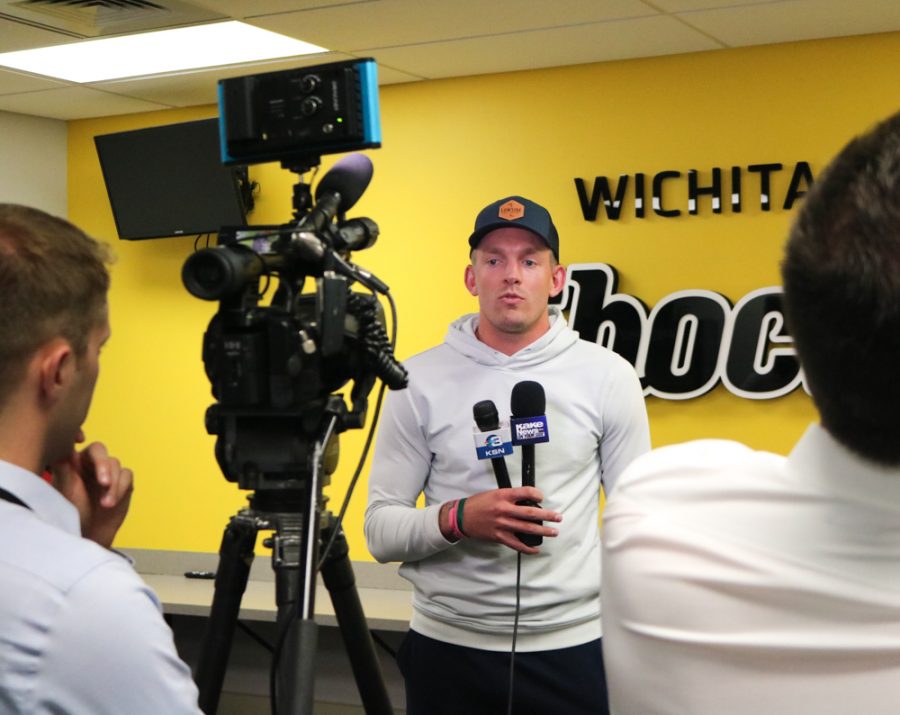 Ron Baker talks to the media after being named the GM of the Aftershocks on Thursday inside the Charles Koch Arena media room.