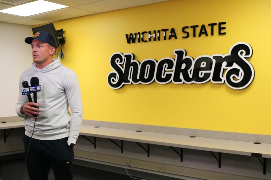 Ron Baker talks to the media after being named the GM of the Aftershocks on Thursday inside the Charles Koch Arena media room.