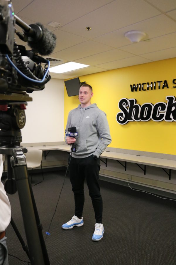 Zach Bush talks to the media following the announcement of Ron Baker being the next GM of the Aftershocks on Thursday inside the Charles Koch Arena media room.