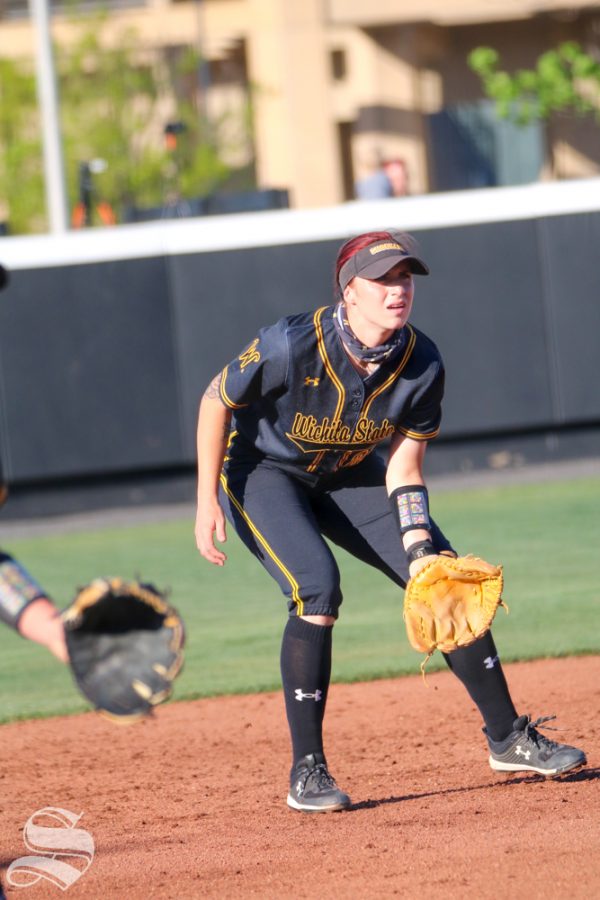 Wichita State sophomore, Sydney McKinney watches the ball during a game against University of Oklahoma at Wilkins Stadium on April 4