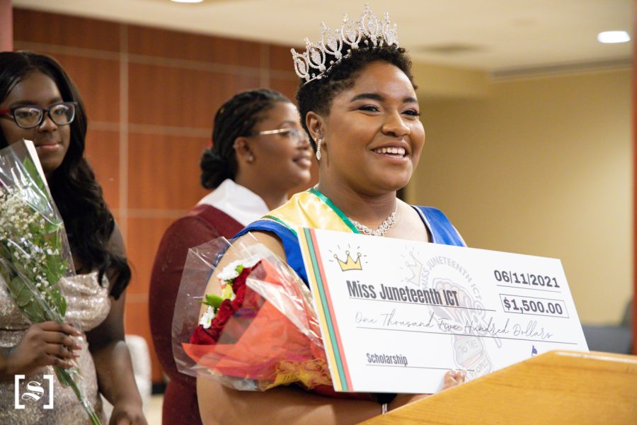 Miss+Juneteenth+ICT+Jayden+Earl+at+a+press+conference+at+the+Miss+Juneteenth+ICT+pageant+in+the+Rhatigan+Student+Center+on+June+11%2C+2021.