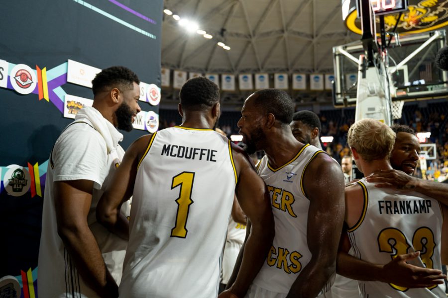 Aftershocks players celebrate after getting the win on July 18 at Charles Koch Arena.