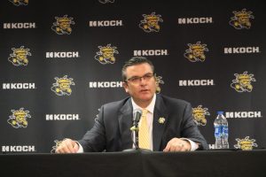Darron Boatright explains the new NIL policy to the media at Charles Koch Arena on July 1. Boatright was promoted to athletic director in 2015 up until his firing on Wednesday.