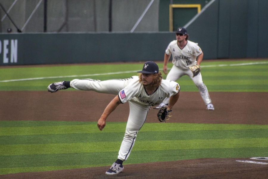 Junior Aaron Haase throws a pitch during Wichita States game against East Carolina on May 9 inside Eck Stadium.