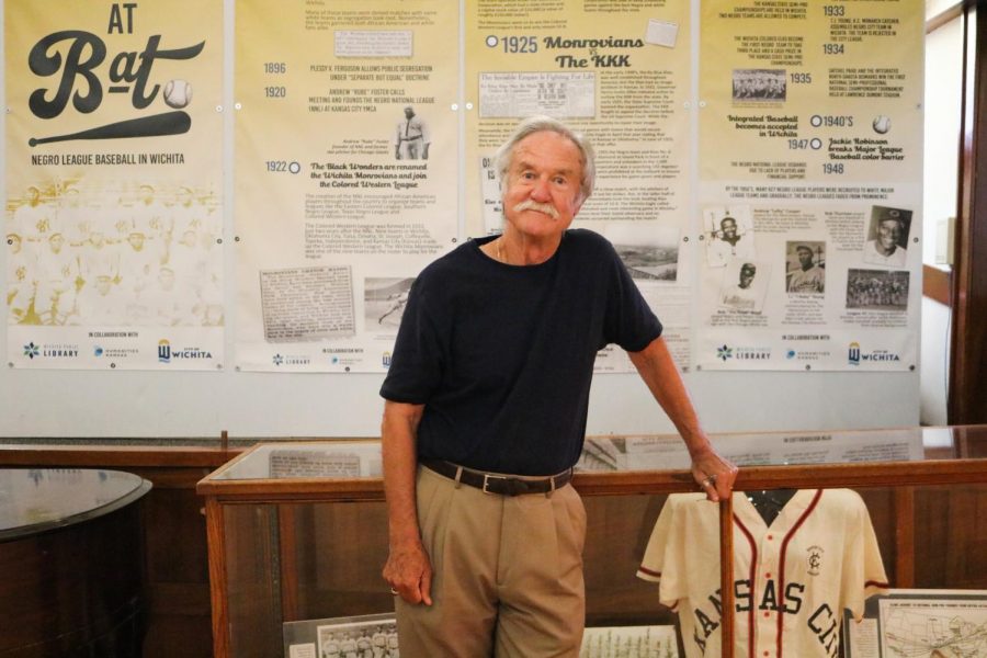 Ted Ayres stands by his favorite baseball history exhibit at the African American Museum on July 27.