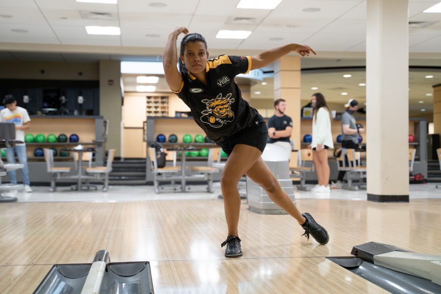 Wichita State senior Madison Janack bowls inside the Rhatigan Student Center on Monday, Aug. 17. Janack is coming off a successful junior season where she won the Most Valuable Player and helped lead the Shockers to a National Championship.
