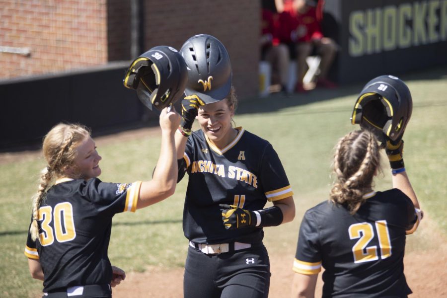 Neleigh Herring celebrates after hitting a home run during WSUs game against Pittsburgh State on Sept. 20 at Wilkins Stadium.