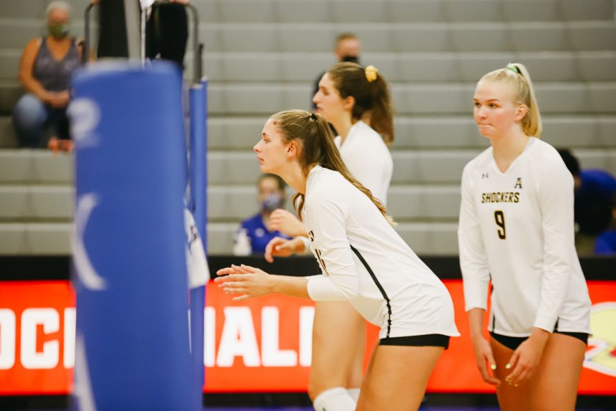 Sophomore Natalie Foster waits for the serve during the game against Kent State University on Sept 10, 2022 at Horejsi Family Volleyball Center.