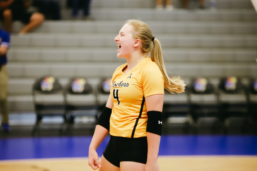 Junior Lily Liekweg celebrates during the game against Kent State University on Sep 10 at Horejsi Family Volleyball Center.