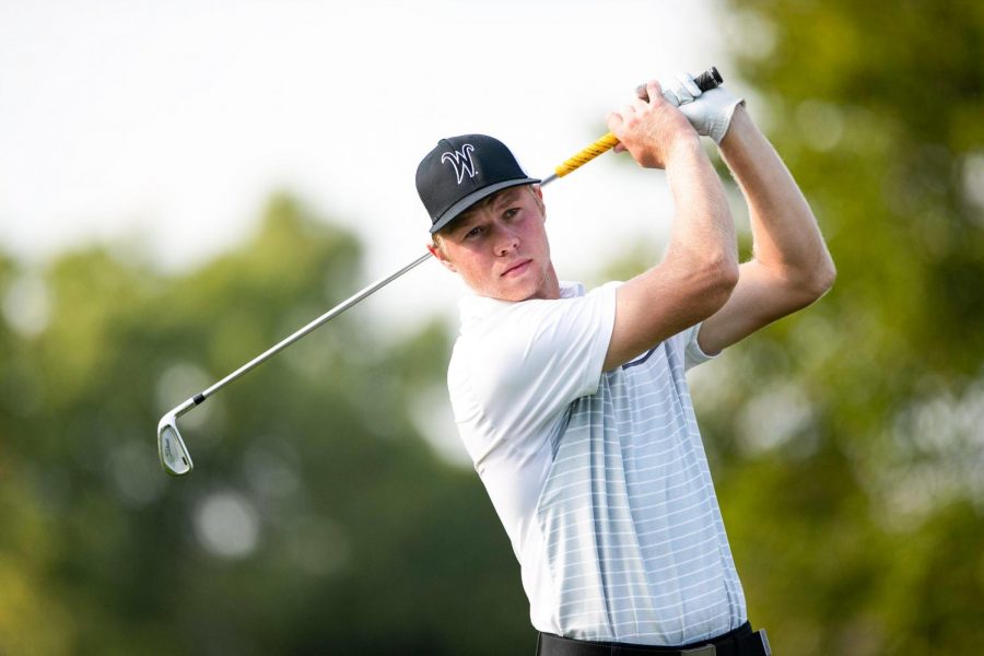 Wichita State junior Brock Pohill takes a swing during last year’s Shocker Cup on Sept. 17, 2020.