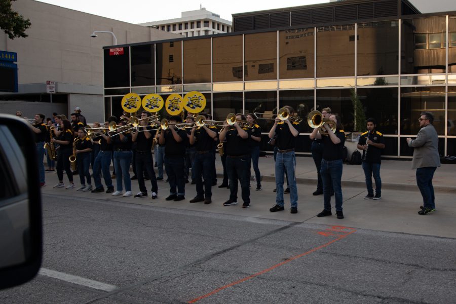 Wichita State Band performing at the Riverfest reverse parade on Oct. 1, 2021.