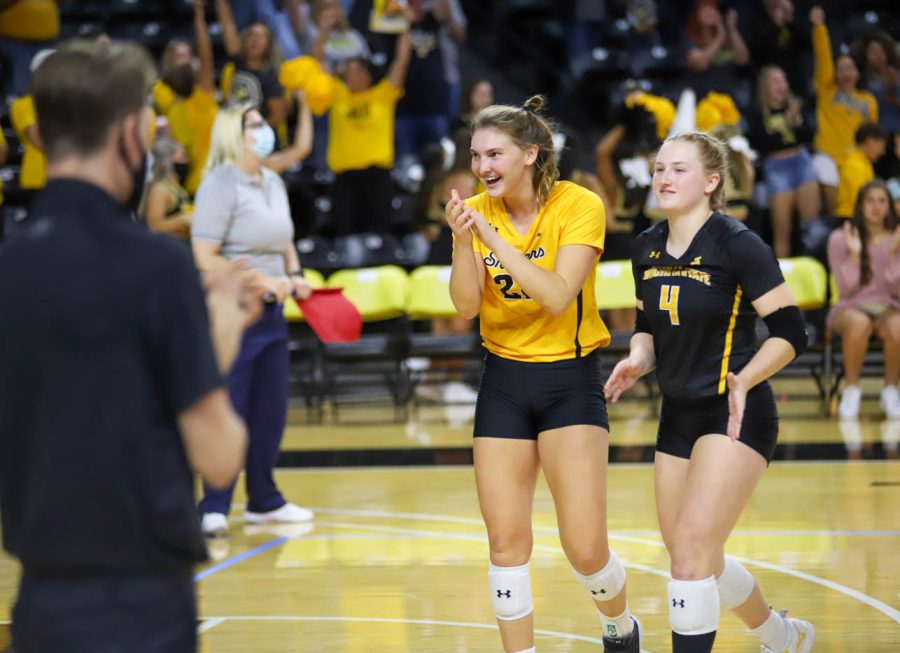 Wichita State freshman Morgan Weber celebrates after a point during WSUs match against UCF on Oct. 1 inside Charles Koch Arena.