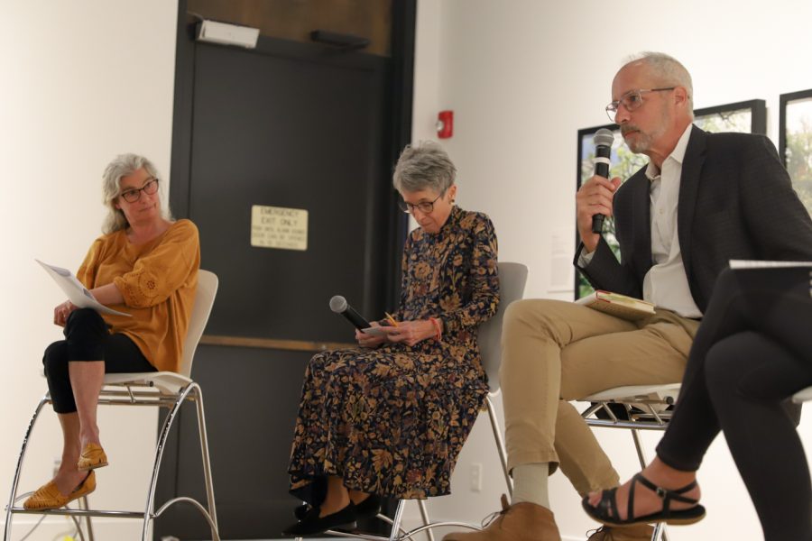 A. Mary Kay, Terry Evans, and Philip Hayes speak during the artist talk on Oct. 5 2021 at the Ulrich Museum.