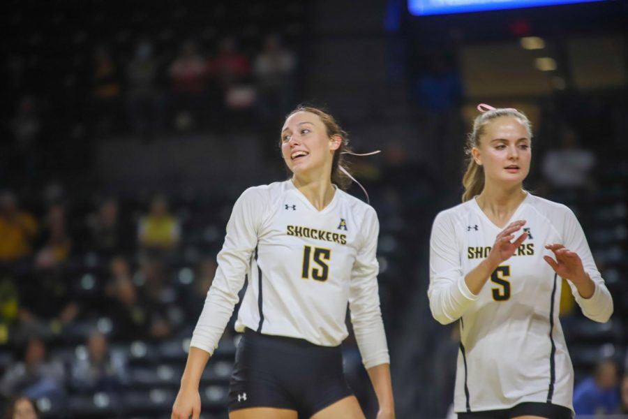 Freshman+Morgan+Stout+celebrates+after+a+point+during+their+game+against+East+Carolina+on+Oct.+15+inside+Charles+Koch+Arena.