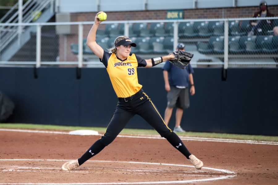 Senior Erin McDonald pitches during the game against Central Oklahoma at Wilkins Stadium on Oct. 8.