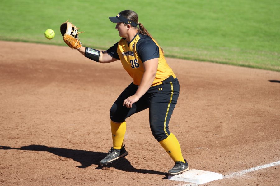 Lauren Mills catches the ball to get an out against Fort Hays on Oct. 17 at Wilkins Stadium.