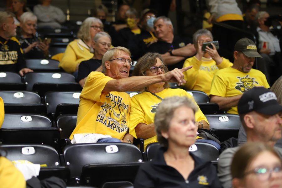 Shocker+fans+cheer+on+the+WSU+basketball+teams+on+Oct.+12+at+Charles+Koch+Arena.
