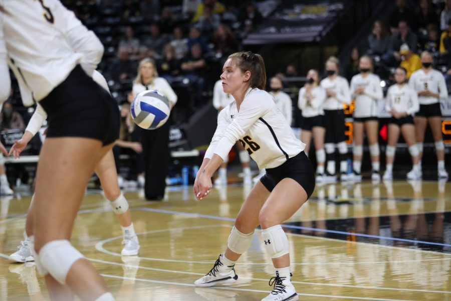 Senior Bryn Stansberry digs the ball during the game against SMU at Charles Koch Arena on Nov. 25.
