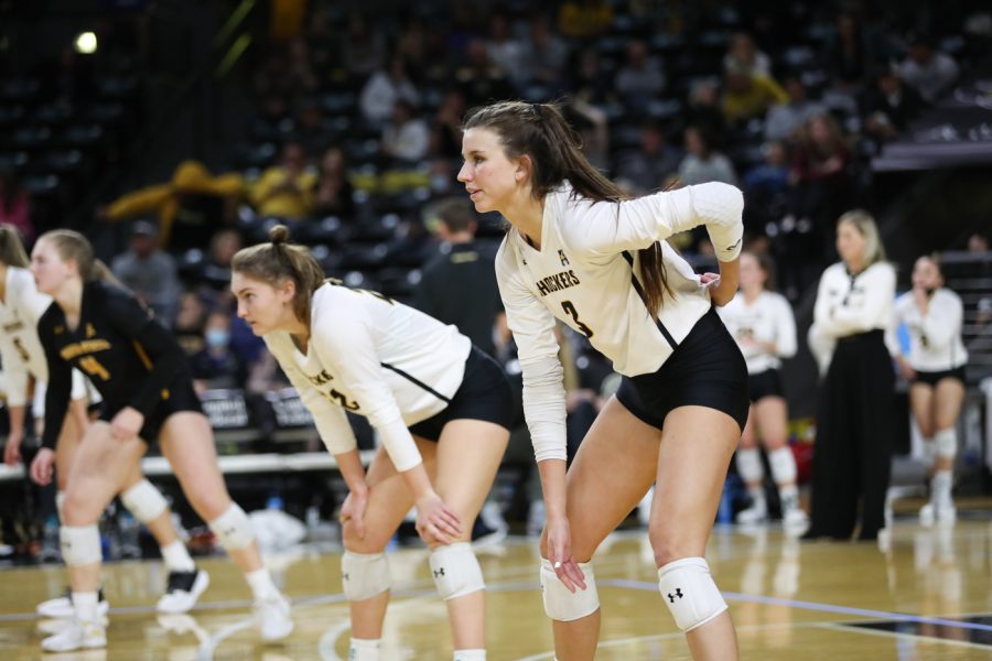 Redshirt junior Brylee Kelly waits for a serve during the game against SMU at Charles Koch 
Arena on Nov. 25, 2021.