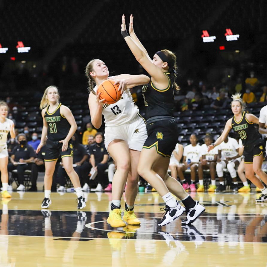 Freshman Ella Anciaux looks to shoot during the exhibition game on Nov. 4 inside Charles Koch Arena. 