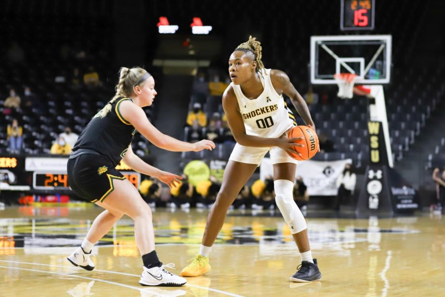 Asia Strong looks to drive during the exhibition game against Missouri Southern State on Nov. 4 inside Charles Koch Arena.