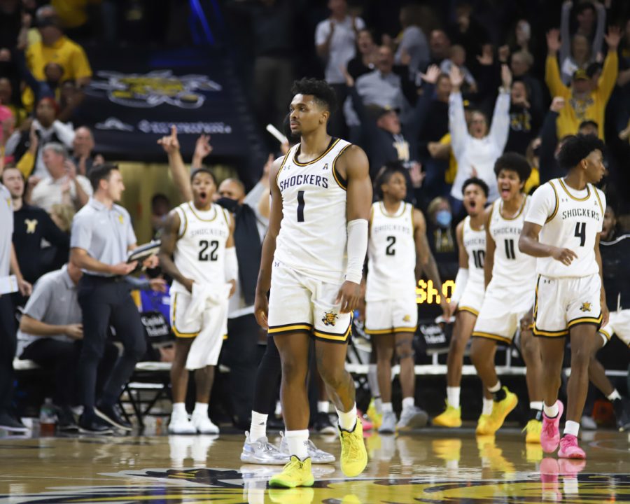 Sophomore Tyson Etienne shows little emotion after drilling the game-winning three-pointer to seal WSUs victory over Jacksonville State on Nov. 9 inside Charles Koch Arena.