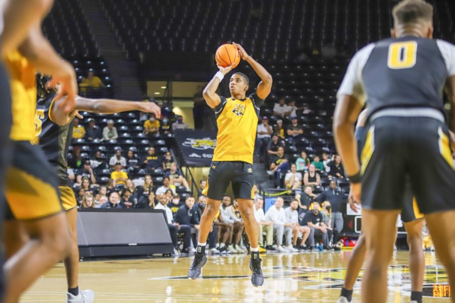 Joe Pleasant takes a jumpshot during Shocker Madness on Oct. 12 inside Charles Koch Arena.